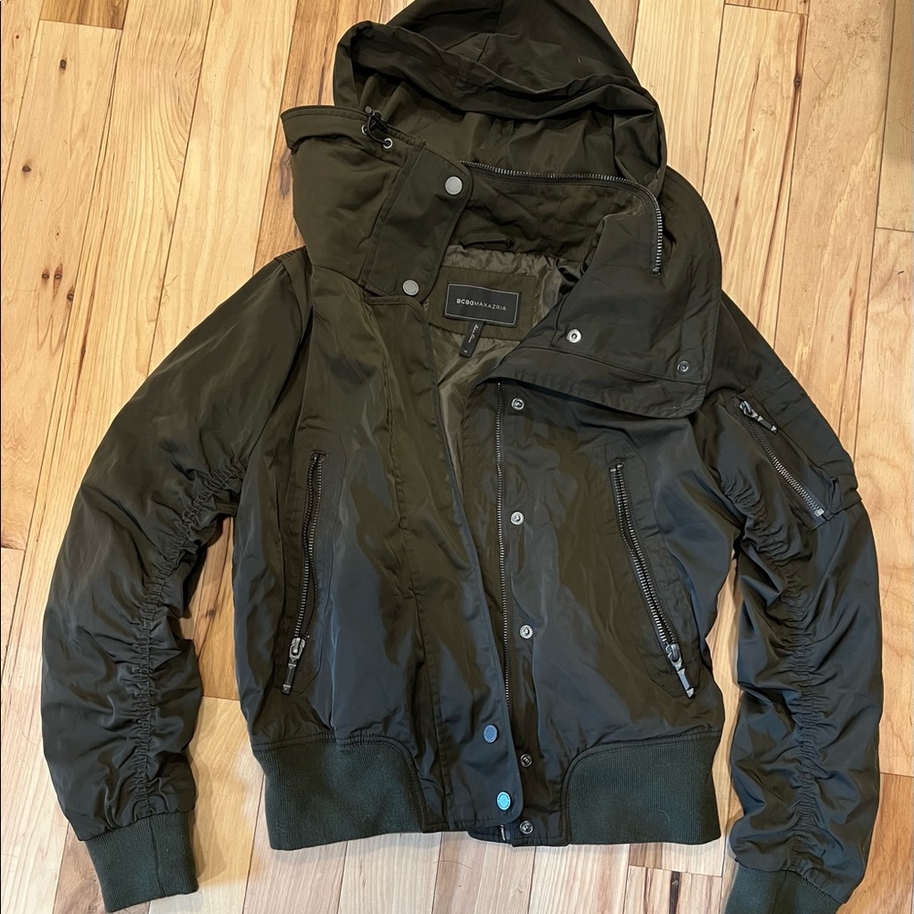 BCBGMAXAZRIA Army Green Bomber Jacket, hidden hood, Med.  Like new.